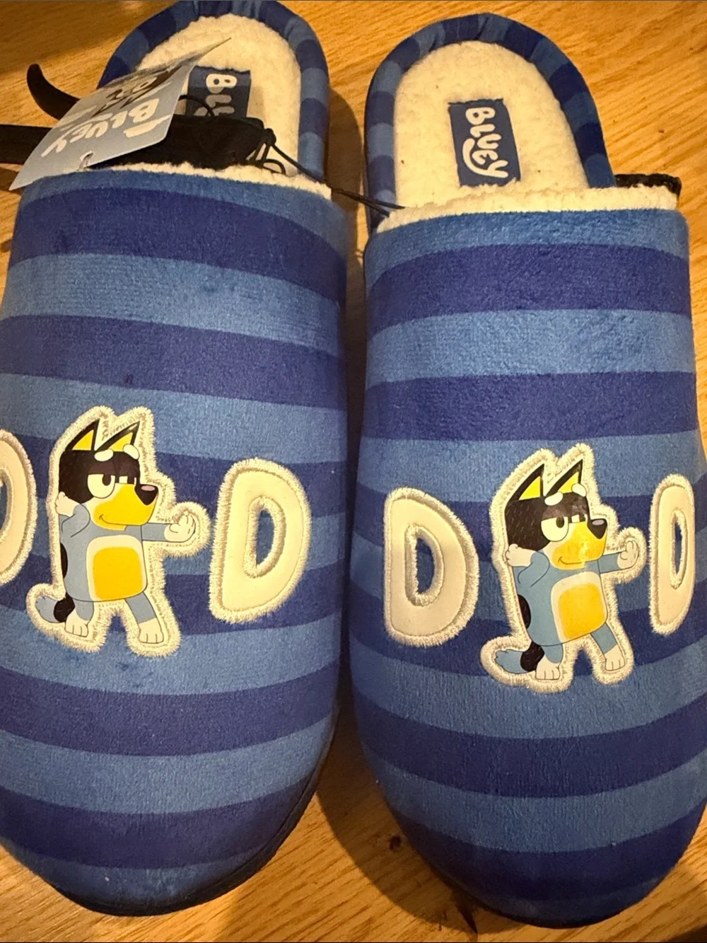NWT Men’s Size 11/12 Dad Bluey Striped Slip-On Slippers